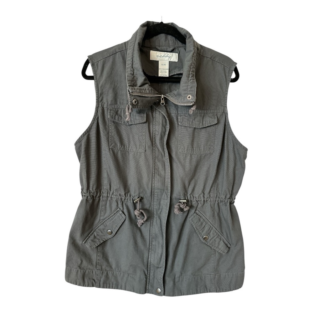 SEBBY BLUE GRAY UTILITY VEST DRAWSTRING WAIST ZIP UP BUTTON POCKETS SIZE XL